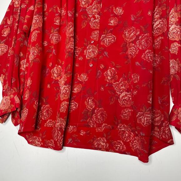 Linda Allard for Ellen Tracy Womens Button Down Shirt Sz M Red Oversized Floral - Picture 8 of 16